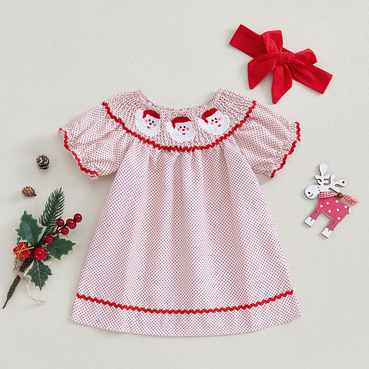 Toddler Girls Christmas Santa Embroidery Elastic Collar Short Sleeve Dress with Headband