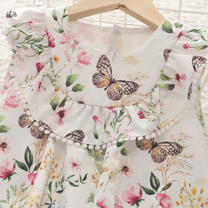 Crew-neck Sleeveless Vest Butterfly Flower Printing Dress