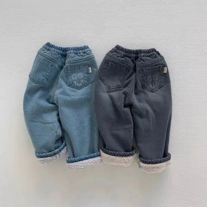 Baby Plus Velvet Thick Denim Trousers Children Windproof Warm Casual Pants