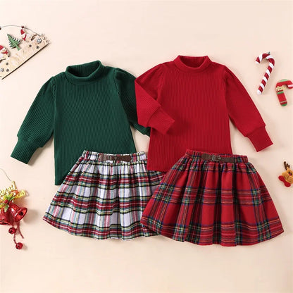 Little Girl Christmas Solid Color Ribbed Mock Neck Tops Plaid Elastic Waist A-Line Skirt