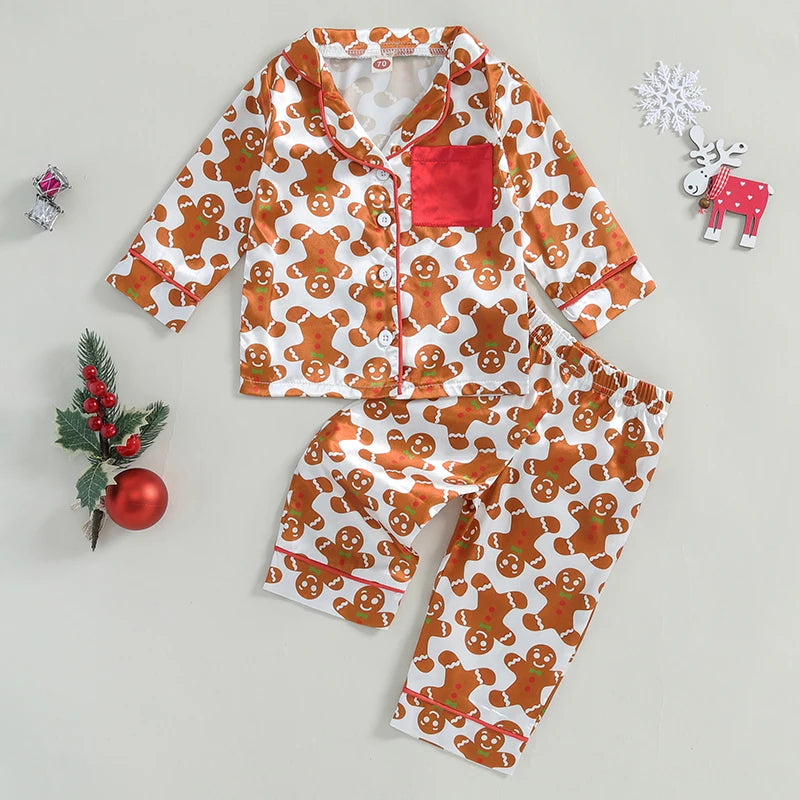 Girls Christmas Pajama Set Lapel Cartoon Print Shirt Pants