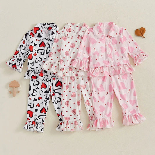 Girls Pajamas Set Heart Print Long Sleeves Shirt and Elastic Waist Pants