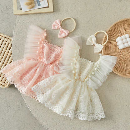 Baby Girl 2Pcs Summer Outfits Ruffle Sleeveless Lace Romper Dress with Headband