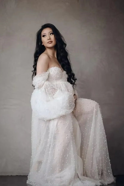 Maternity Shoot Dresses Dense Pearl White Yarn Dress Pregnancy Photography Gown Pregnant Women Maxi Dress