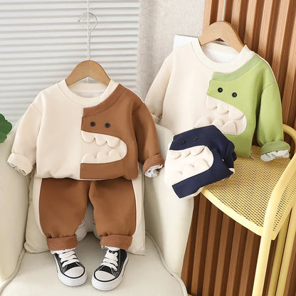 Baby Boys 2PCS Clothes Set Cartoon Dinosaurs Cotton Pullovers Stretch Loose Pants Suit