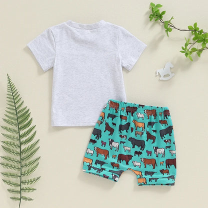 Baby Boy Western Outfits Short Sleeve Cow Print T-shirt Tops + Shorts Set