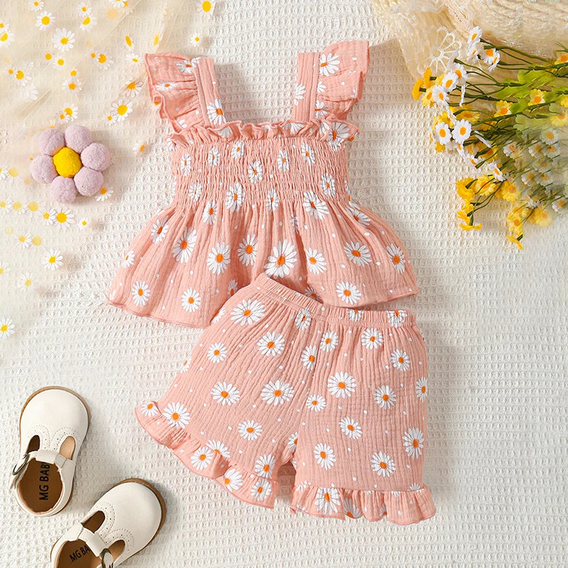 Baby Girl Summer 2Pcs Outfits Ruffled Sleeveless Daisy Print Tank Tops + Shorts Set