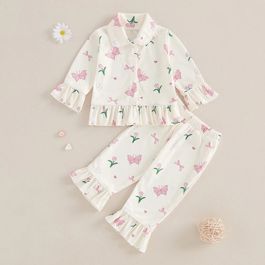 Baby Girl Pajama Set Strawberry/Butterfly Print Long Sleeve Tops + Pants