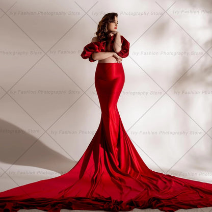 Maternity Photoshoot Outfit For Women Sexy Red Satin Lace Up Skirt Bubble Sleeves Accessories