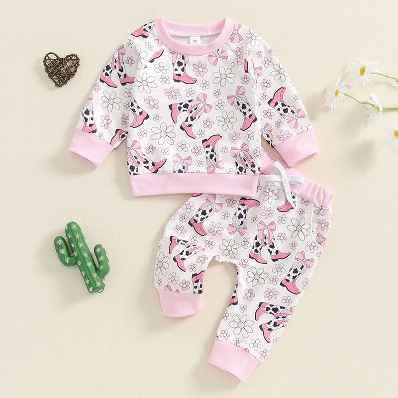 Baby Girls 2Pcs Fall Outfit, Flower Boots Print Sweatshirt with Elastic Waist Sweatpants