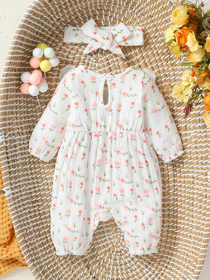 Baby Girl's Long Sleeve Print Floral With Bow Daily Jumpsuit +Headband