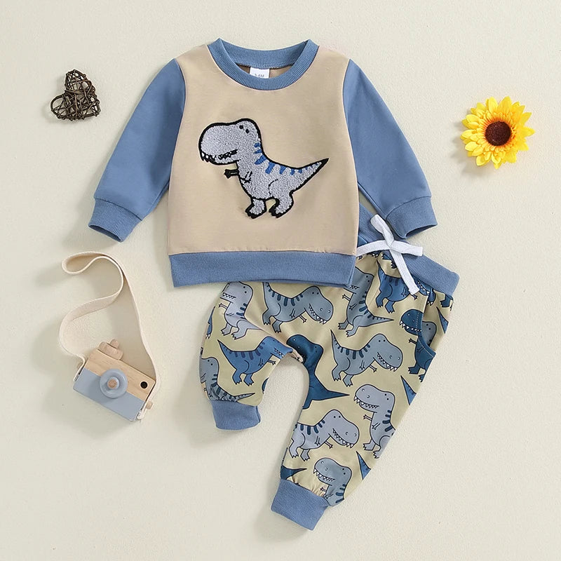 Baby Boy Fall Outfit Dinosaur Print Sweatshirt Tops and Elastic Waist Pants