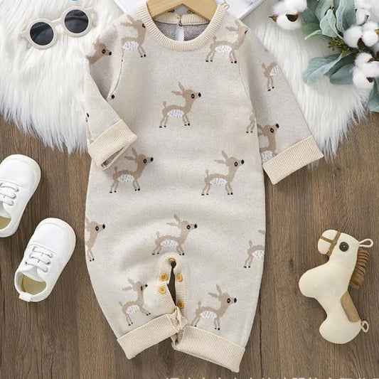 Boy Girl Cartoon Deers Knitted Romper Newborn Warm Casual One-piece