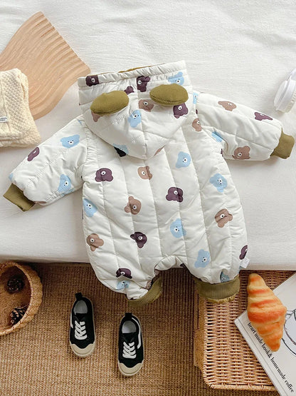 Baby Cartoon Bear Hooded Romper Plus Velvet Thick Infant Boy Girl Warm Jumpsuit