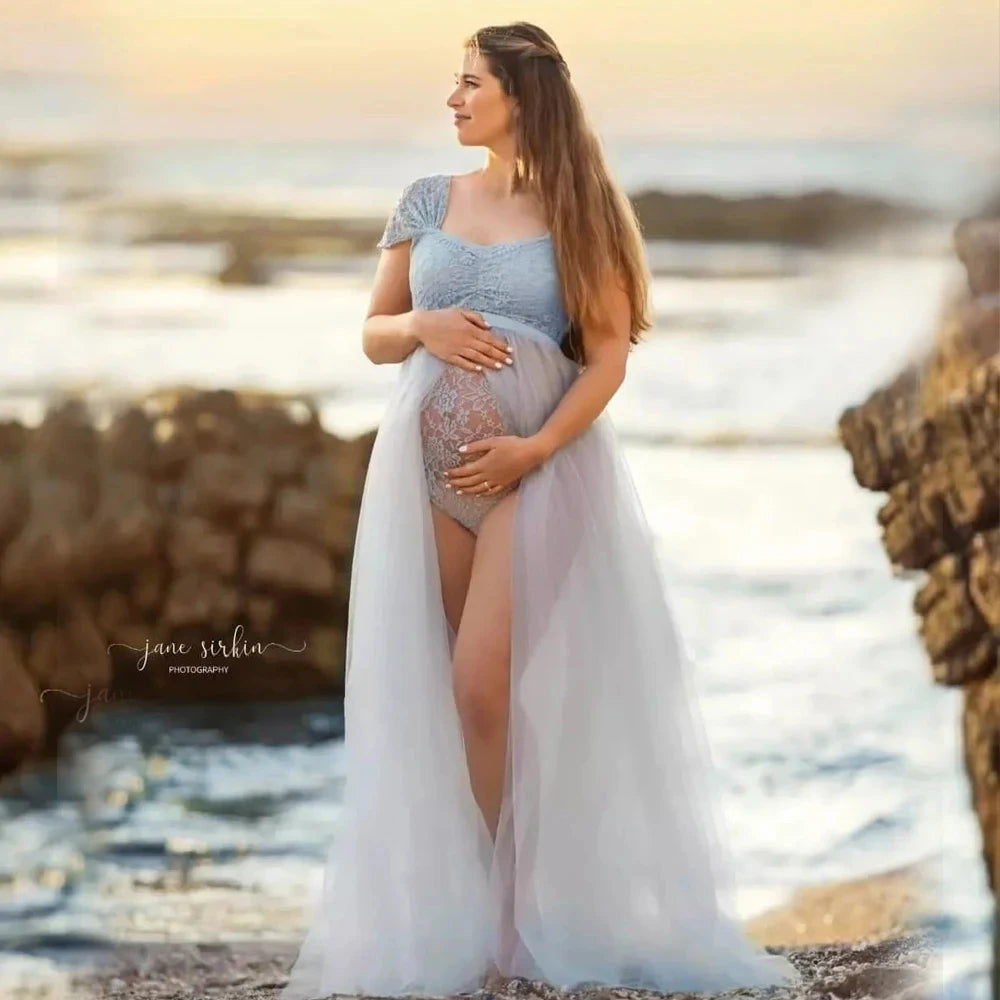 Bohemian Photo Shooting Pregnancy Dress Lace Bodysuit Tulle Long Dress Maternity Dresses