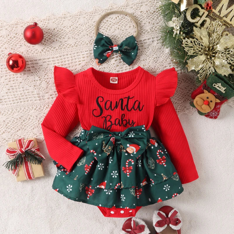 Baby Girls Christmas Dress Letter Santa Hat Print Romper with Bow Headband