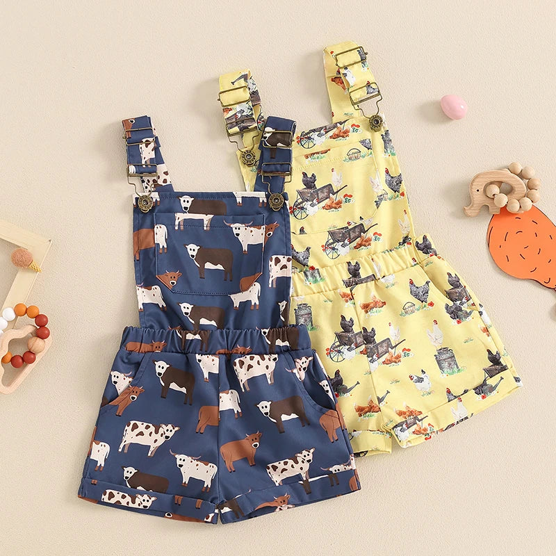 Girls Farm Cow/Chicken Print Sleeveless Strap Buttons Pockets Romper Jumpsuit