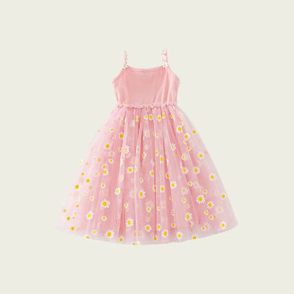 Children Suspenders Puff Princess Dress Little Daisy Flower Mesh