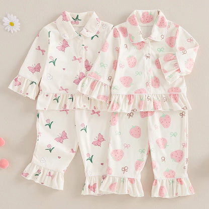 Baby Girl Pajama Set Strawberry/Butterfly Print Long Sleeve Tops + Pants