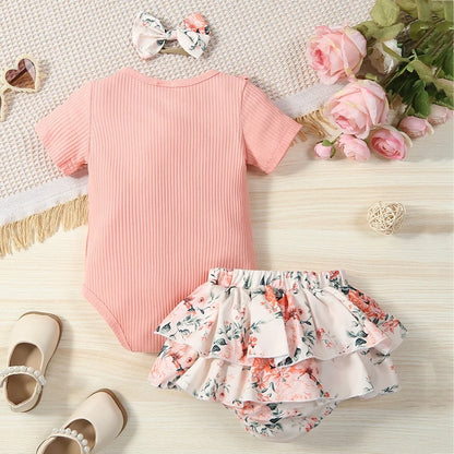 Baby Girls Solid Color Ruffle Romper and Floral PP Shorts Headband Sets