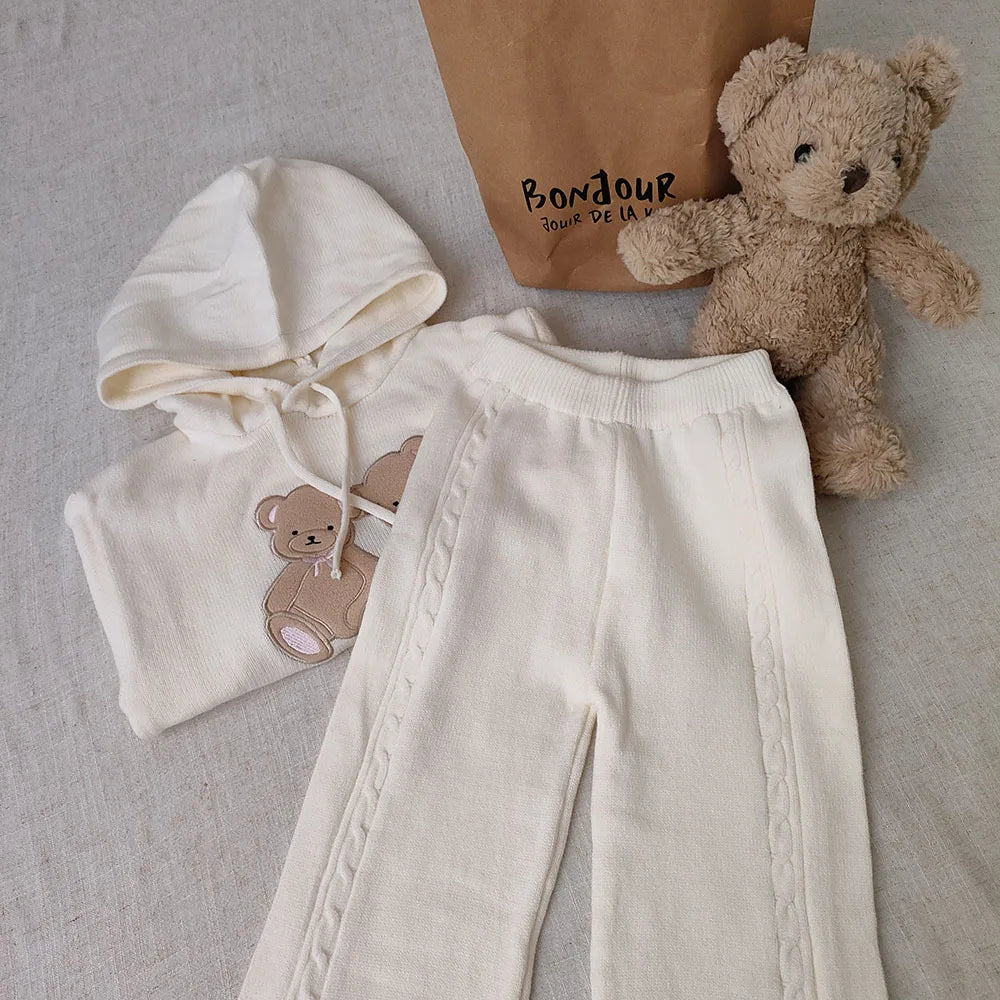 Girl Knitted Sweater Set Children Knitwear Hooded Cartoon Bear Pullover Tops And Pants