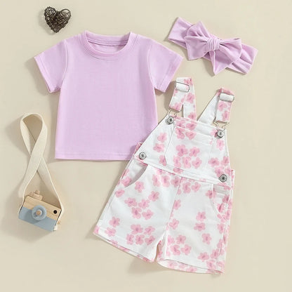 Baby Girls T-shirt with Flower Print Suspender Shorts and Headband