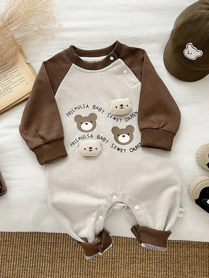 Baby Boy Cartoon Bear Raglan Sleeve Romper Cotton Infant Toddler Jumpsuit