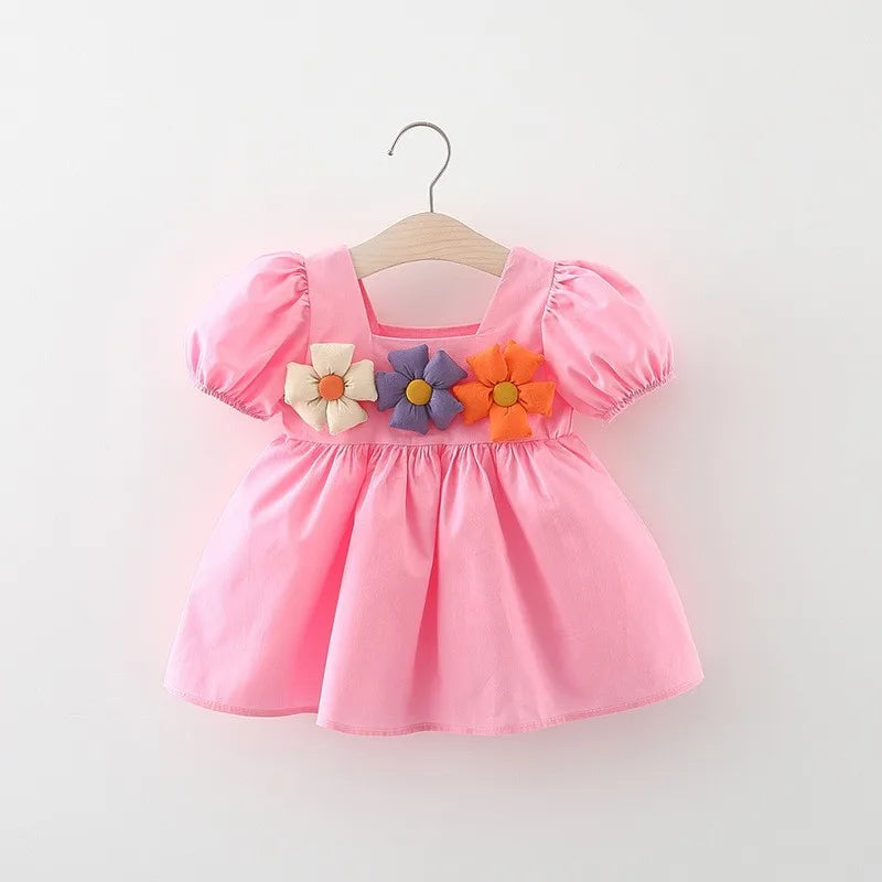 baby girl dress Beach Fashion Print Cute Bow Flower Princess Dress+Hat