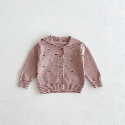 Baby Girls Lapel Hollow Out Knitwear Kids Casual Knitted Cardigan Jacket Clothes