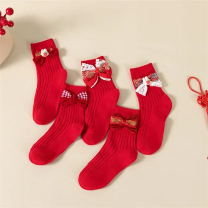 New Year Socks for Girls Rabbit Bowknot Red Toddler Sweet Anti-Skid