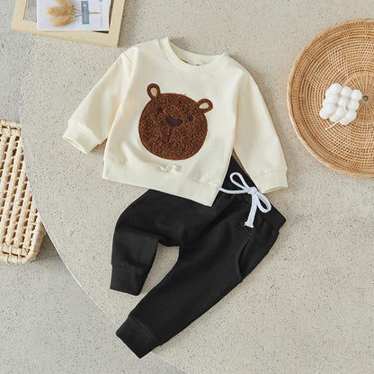 Baby 2Pcs Bear Embroidery Pullover Tops and Pocket Pants