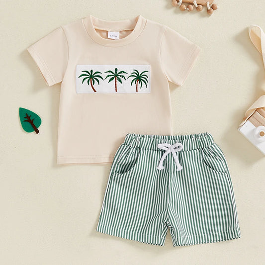 Baby Toddler Boy Shorts Set Coconut Tree/Duck Sleeve Striped Elastic  2Pcs Summer