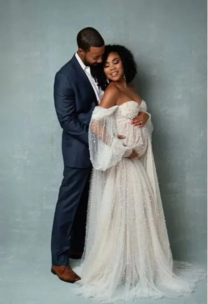Maternity Shoot Dresses Dense Pearl White Yarn Dress Pregnancy Photography Gown Pregnant Women Maxi Dress