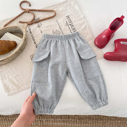 Dungarees Boy Children Solid Loose Casual Pants Girl Babu Cotton Pockets Pencil Pants