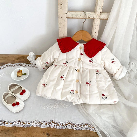 Infant Mushroom Print Lapel Coat Toddler Girls Cotton Padded Jacket