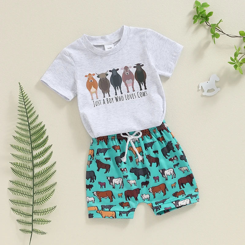 Baby Boy Western Outfits Short Sleeve Cow Print T-shirt Tops + Shorts Set