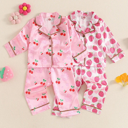 Strawberry/Cherry Print Long Sleeve Button Shirts with Elastic Waist Pants Sleepwear