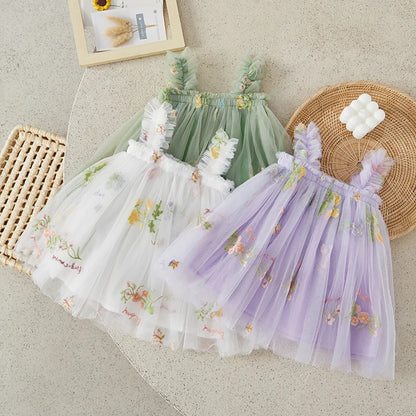 Little Girls Summer Princess Dress Sleeveless 3D Flower A-line Sweet Tulle Dresses