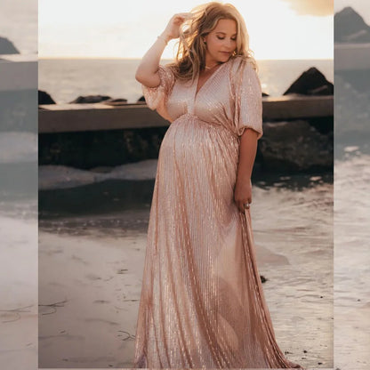 Women V-neck Champagne Sequin Dress Maternity Photography Props Pregnant Women Party Dress