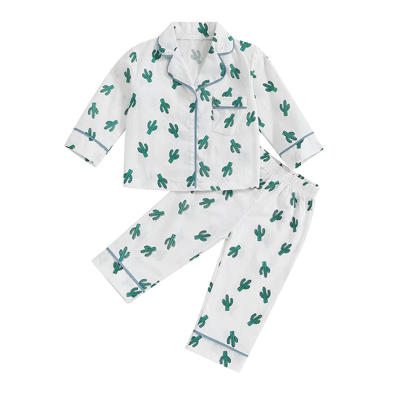 Boy Girl 2-Piece Pajamas Set Daisy Pattern Lapel Button Down Tops Pants