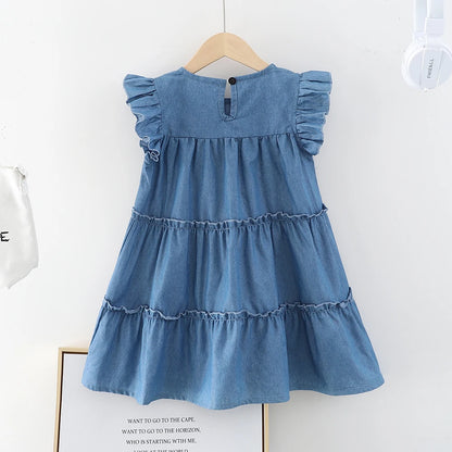 Girls Dress Flying Sleeve Pure Blue Tiered Dress