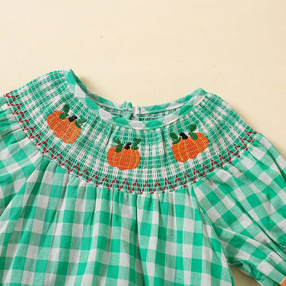 Baby Halloween Fall Rompers Pumpkin Embroidered Plaid Print Smocked Ruffled Jumpsuits