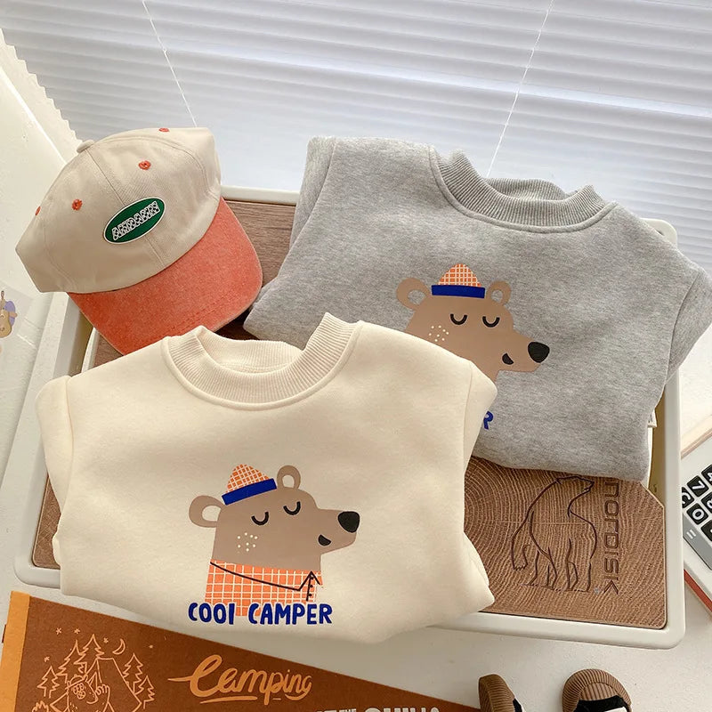 Children Fleece Sweatshirt New Baby Boys Warm Tops Girls Cartoon Print Pullover