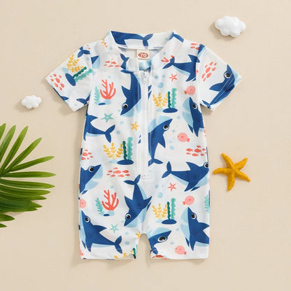 Baby Boy Swimming Costume Cartoon Print Swimwear Short Sleeve Bathing Suit