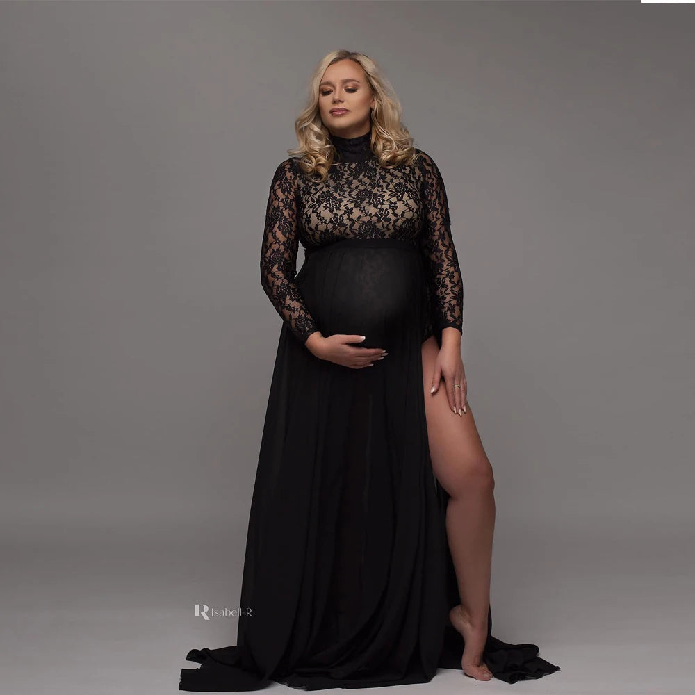 Maternity Photography Props Dress Stretchy Lace Bodysuit Removable Chiffon Sides Slit Skirt