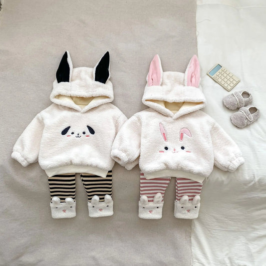 New Baby Girls Thick Warm Set Infant Cute Cartoon Hooded Tops + Striped Pants