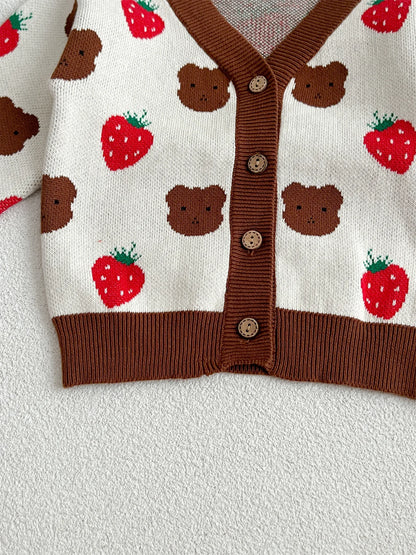 New Baby Girl Cardigan Infant Cute Strawberry Bear Print Sweater Coat /Jacket