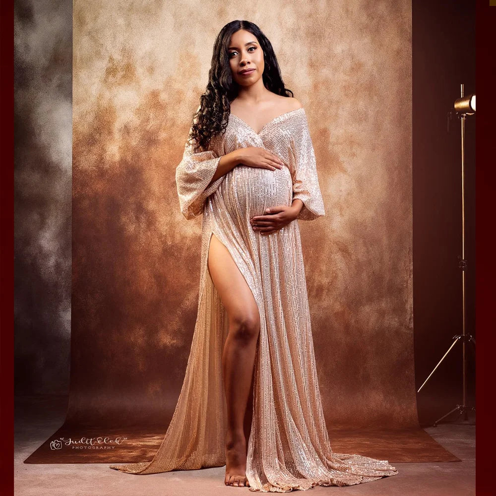 Women V-neck Champagne Sequin Dress Maternity Photography Props Pregnant Women Party Dress