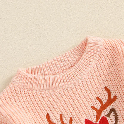 Girl Christmas Sweater Reindeer Embroidery Pattern Chunky Knitwear Newborn Xmas Tops