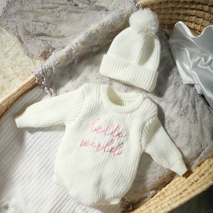 Newborn Photography Romper with Matching Pomp Hat Baby Boy Girl Sweater Outfits for Photo Shooting